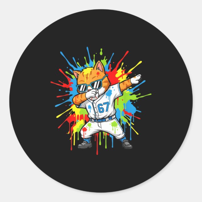 Funny 67 Baseball Dabbing Cat 6 7 Dripng Ice Cream Classic Round Sticker (Front)