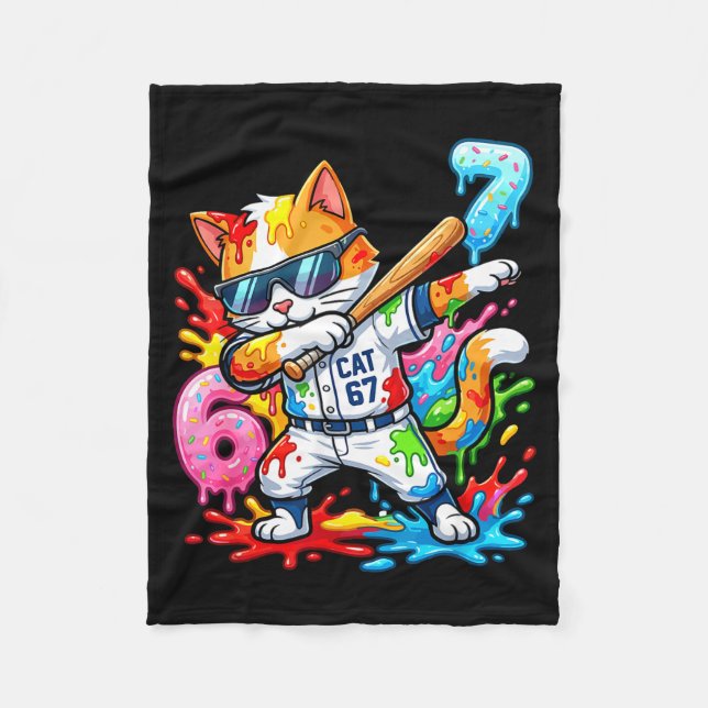 Funny 67 Baseball Dabbing Cat 6 7 Dripng Ice Cream Fleece Blanket (Front)