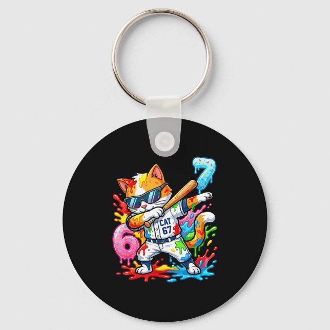 Funny 67 Baseball Dabbing Cat 6 7 Dripng Ice Cream Key Ring (Front)