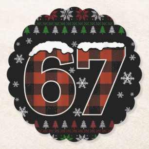 Funny “67” Christmas Meme – Red & Green Plaid  Paper Coaster