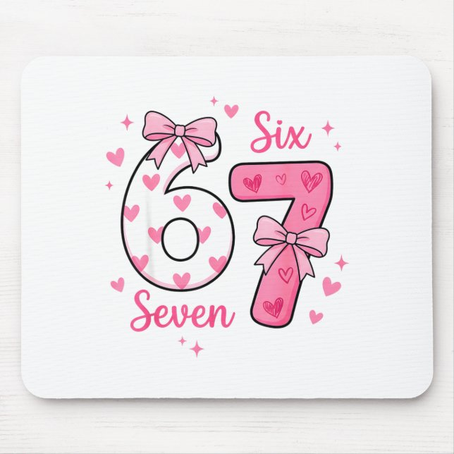 Funny 67 Cute Six Seven Meme Pink Hearts Bow Valen Mouse Mat (Front)