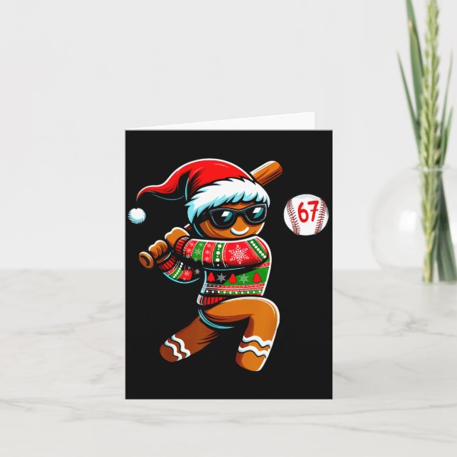 Funny 67 Gingerbread Man Playing Baseball Christma Card (Front)