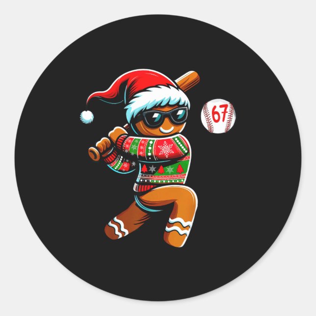 Funny 67 Gingerbread Man Playing Baseball Christma Classic Round Sticker (Front)