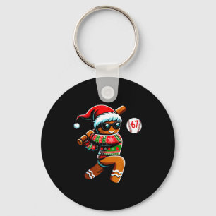 Funny 67 Gingerbread Man Playing Baseball Christma Key Ring