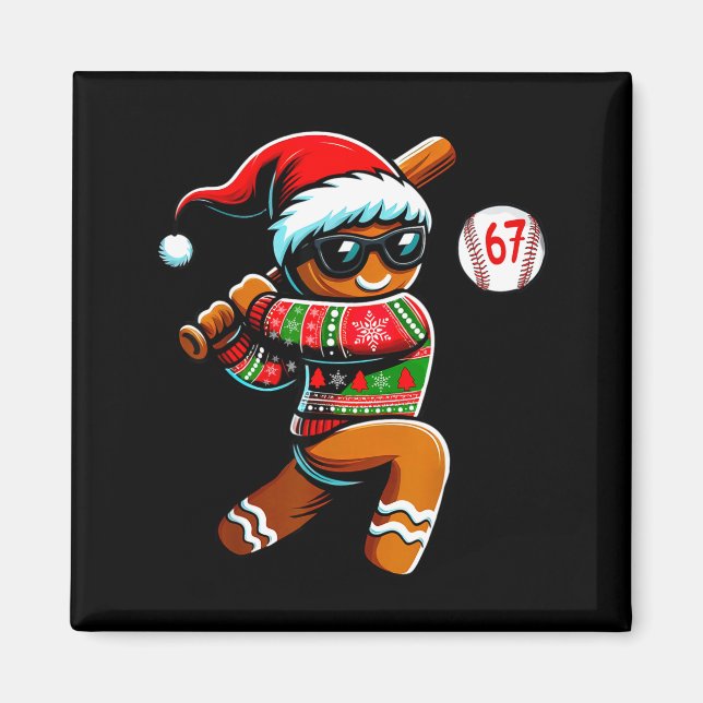 Funny 67 Gingerbread Man Playing Baseball Christma Magnet (Front)