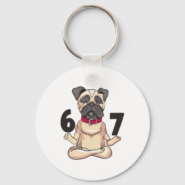 Funny 67 Pug Dog Yoga Hand Pose Graphic  Key Ring (Front)