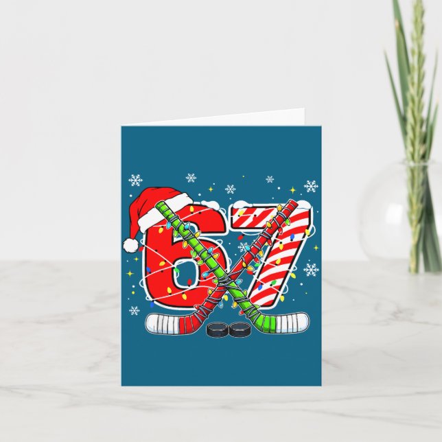 Funny 67 Santa Hat Candy Cane Ice Hockey Six Seven Card (Front)