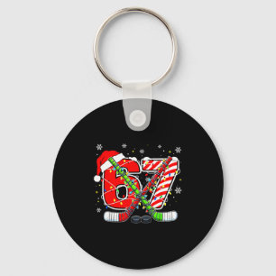 Funny 67 Santa Hat Candy Cane Ice Hockey Six Seven Key Ring