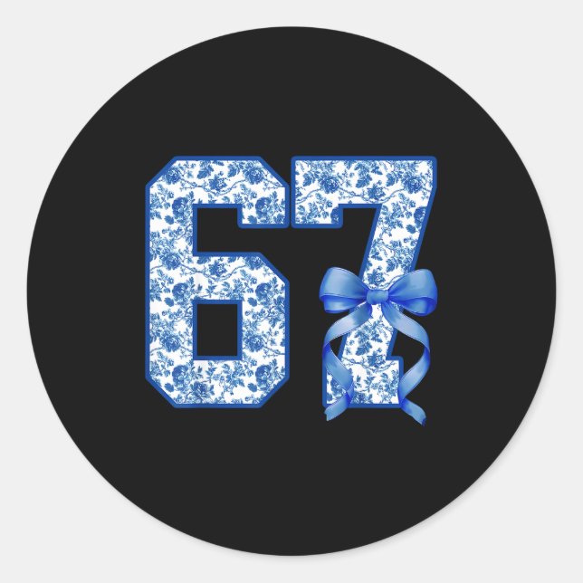 Funny 67 Six Seven Coquette Girly Blue Toile Women Classic Round Sticker (Front)
