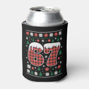 Funny 67 Six Seven Meme Cringe Christmas Red Plaid Can Cooler