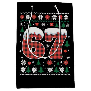 Funny 67 Six Seven Meme Cringe Christmas Red Plaid Medium Gift Bag