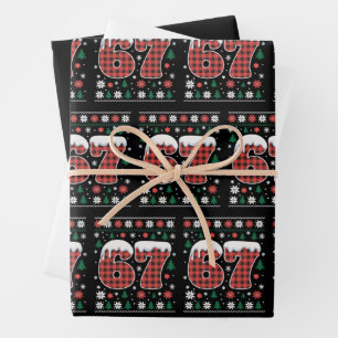 Funny 67 Six Seven Meme Cringe Christmas Red Plaid Wrapping Paper Sheet