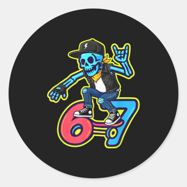 Funny 67 Skeleton Skater Meme Retro Skateboarding  Classic Round Sticker (Front)