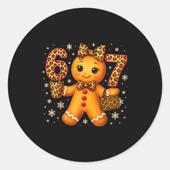 Funny 6 7 Christmas Leopard Bow Gingerbread Girls  Classic Round Sticker (Front)