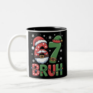 Funny 6 7 Six Seven Bruh Meme Christmas Santa Elf  Two-Tone Coffee Mug