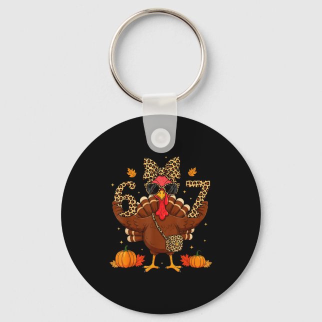Funny 6 7 Thanksgiving Leopard Bow Turkey Six Seve Key Ring (Front)