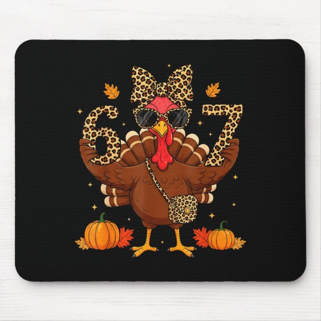 Funny 6 7 Thanksgiving Leopard Bow Turkey Six Seve Mouse Mat (Front)