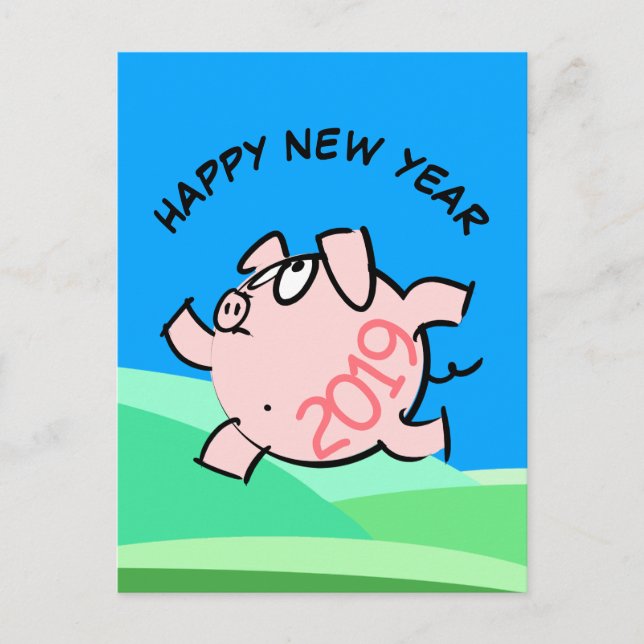 Funny 6b Cartoon Illustration Pig  Year 2019 PostC Invitation Postcard (Front)