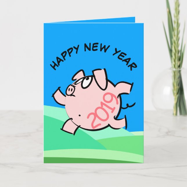 Funny 6b Cartoon Illustration Pig Year Birthday GC Holiday Card (Front)