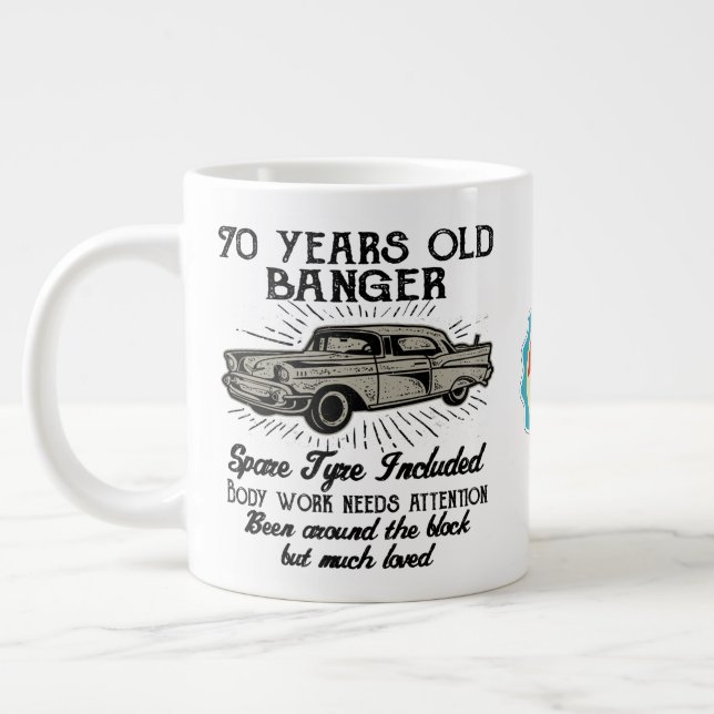 Funny 70th Birthday Retro Car Banger Add Name Date Large Coffee Mug (Left)