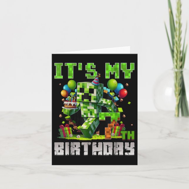 Funny 7 Year Old 7th Birthday Pixel Art Gamer Boys Card (Front)