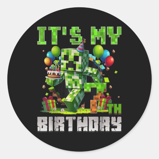 Funny 7 Year Old 7th Birthday Pixel Art Gamer Boys Classic Round Sticker (Front)