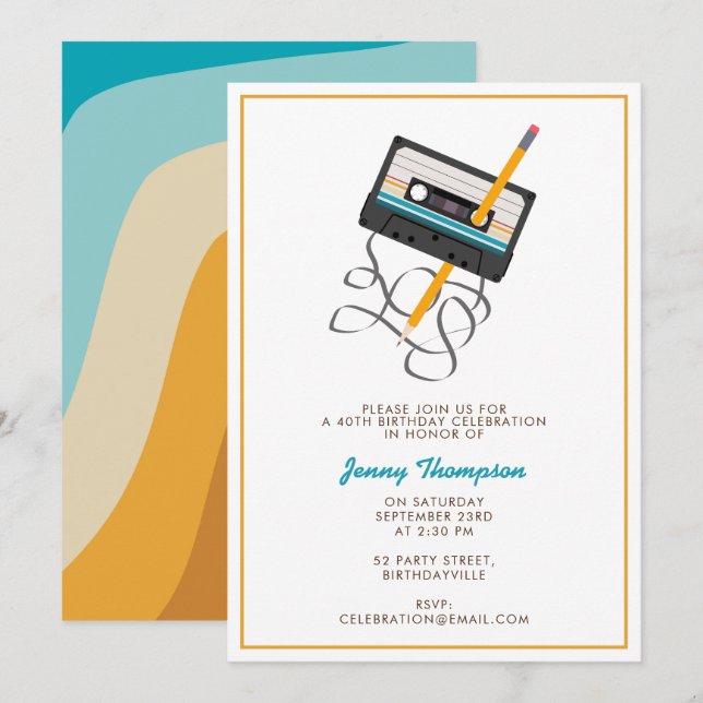Funny 80s Music Retro Cassette Tape 40th Birthday Invitation (Front/Back)