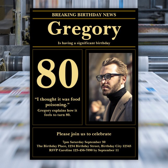 Funny 80th Birthday Retro Black Gold Newspaper Invitation (Creator Uploaded)