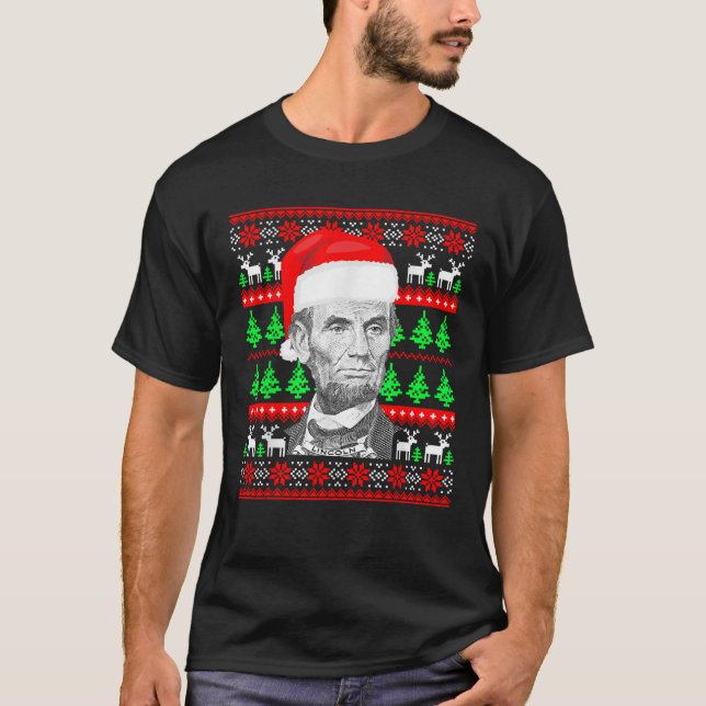 Funny Abraham Lincoln Santa Hat Ugly Christmas  T-Shirt (Front)