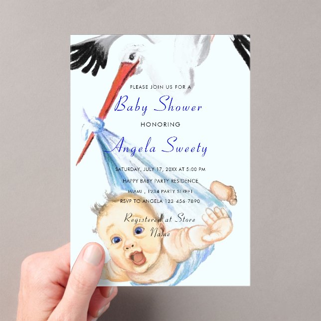 Funny Acrylic Baby Shower Invitation with Stork (Insitu (Handheld))