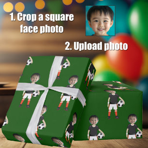 Funny Add Kids Face Photo Soccer Player Green Wrapping Paper