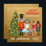 Funny Add your Face Nutcracker Family of Five Holiday Card<br><div class="desc">Created for a family of five, this funny holiday card features two Nutcrackers, Clara, ballerina and Mouse King. It will bring joy to all those who receive it. An elegant green and gold sugar plum Christmas Tree decorates the scene. A textured gold background and vintage font for all the customisable...</div>