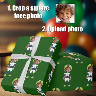 Funny Add Your Kids Face Football Player Green Wrapping Paper