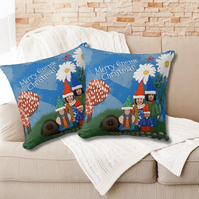 Funny Add Your Photo Gnome Family Merry Christmas Cushion (Creator Uploaded)