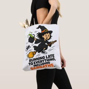 Funny ADHD Witch Running Late Halloween Tote Bag