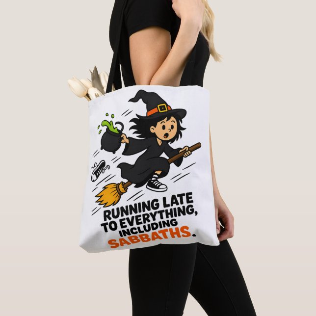 Funny ADHD Witch Running Late Halloween  Tote Bag (Close Up)