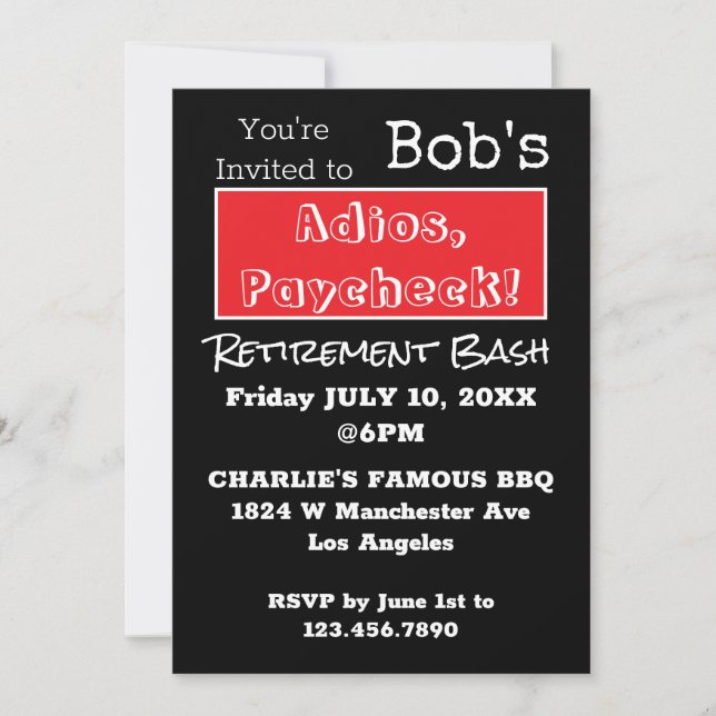 FUNNY Adios, Paycheck Dad Retirement Party  Invitation (Front)