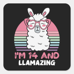 Funny Adorable Llama 14th Birthday Gift For Women Square Sticker
