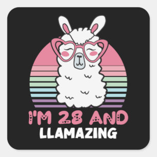 Funny Adorable Llama 28th Birthday Gift For Women Square Sticker