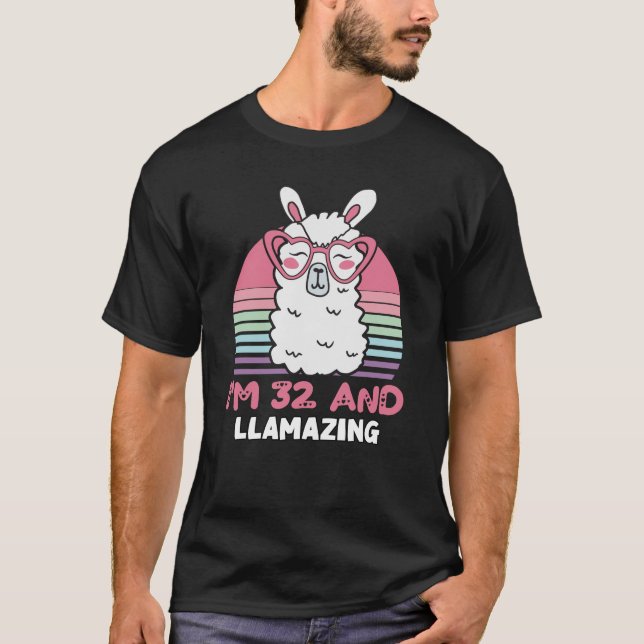 Funny Adorable Llama 32nd Birthday Gift For Women T-Shirt (Front)