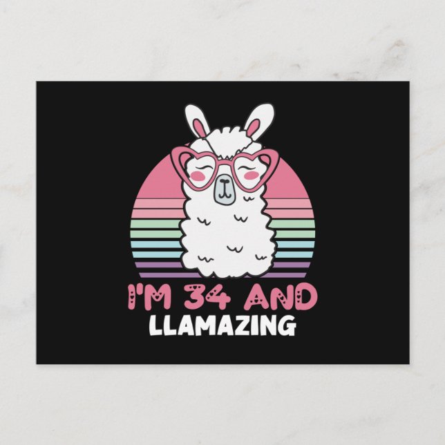 Funny Adorable Llama 34th Birthday Gift For Women Postcard (Front)