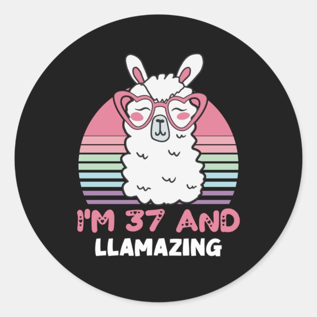 Funny Adorable Llama 37th Birthday Gift For Women Classic Round Sticker (Front)
