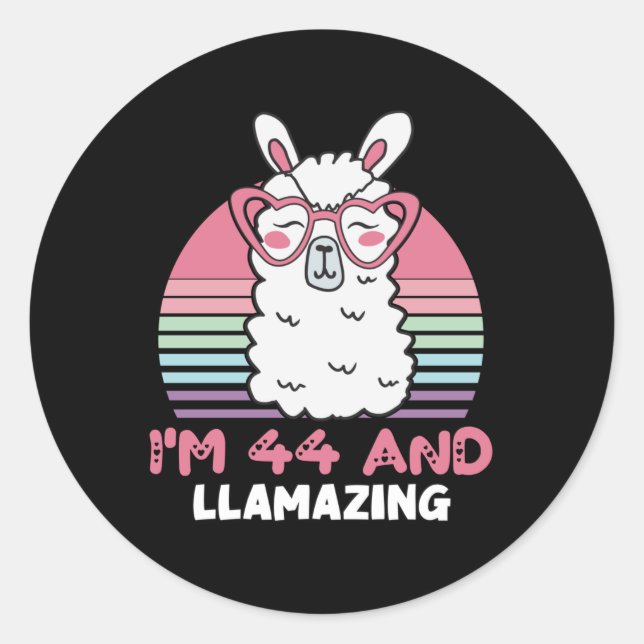  Funny Adorable Llama 44th Birthday Gift For Women Classic Round Sticker (Front)