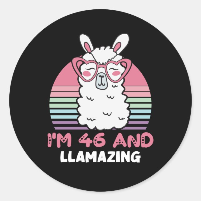 Funny Adorable Llama 46th Birthday Gift For Women Classic Round Sticker (Front)