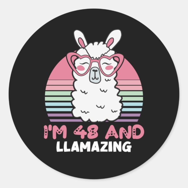Funny Adorable Llama 48th Birthday Gift For Women Classic Round Sticker (Front)