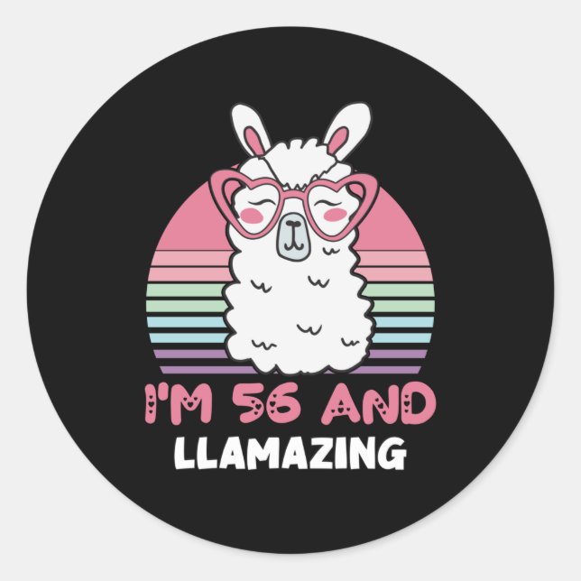 Funny Adorable Llama 56th Birthday Gift For Women Classic Round Sticker (Front)