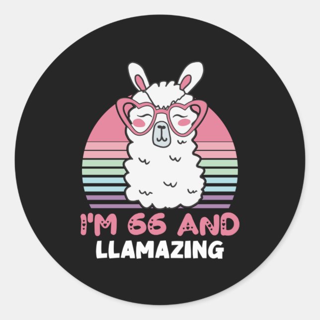 Funny Adorable Llama 66th Birthday Gift For Women Classic Round Sticker (Front)