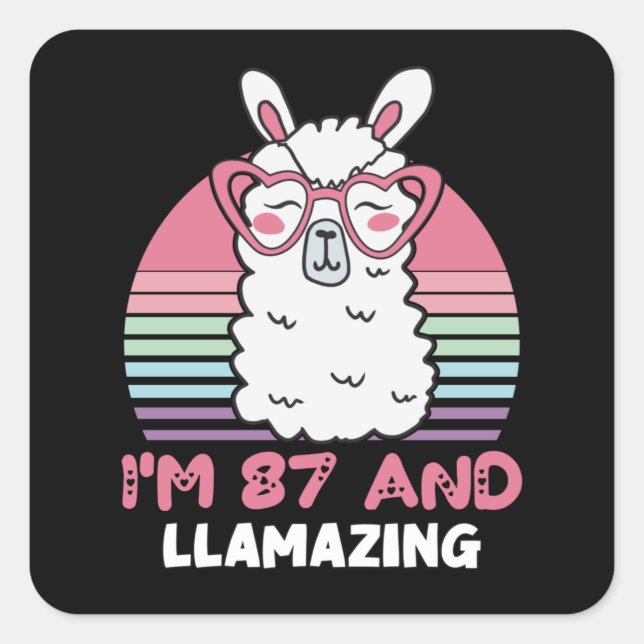 Funny Adorable Llama 87th Birthday Gift For Women Square Sticker (Front)
