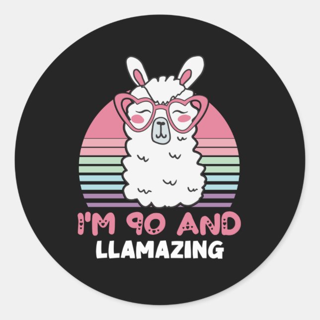 Funny Adorable Llama 90th Birthday Gift For Women Classic Round Sticker (Front)