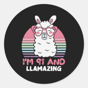 Funny Adorable Llama 91st Birthday Gift For Women Classic Round Sticker
